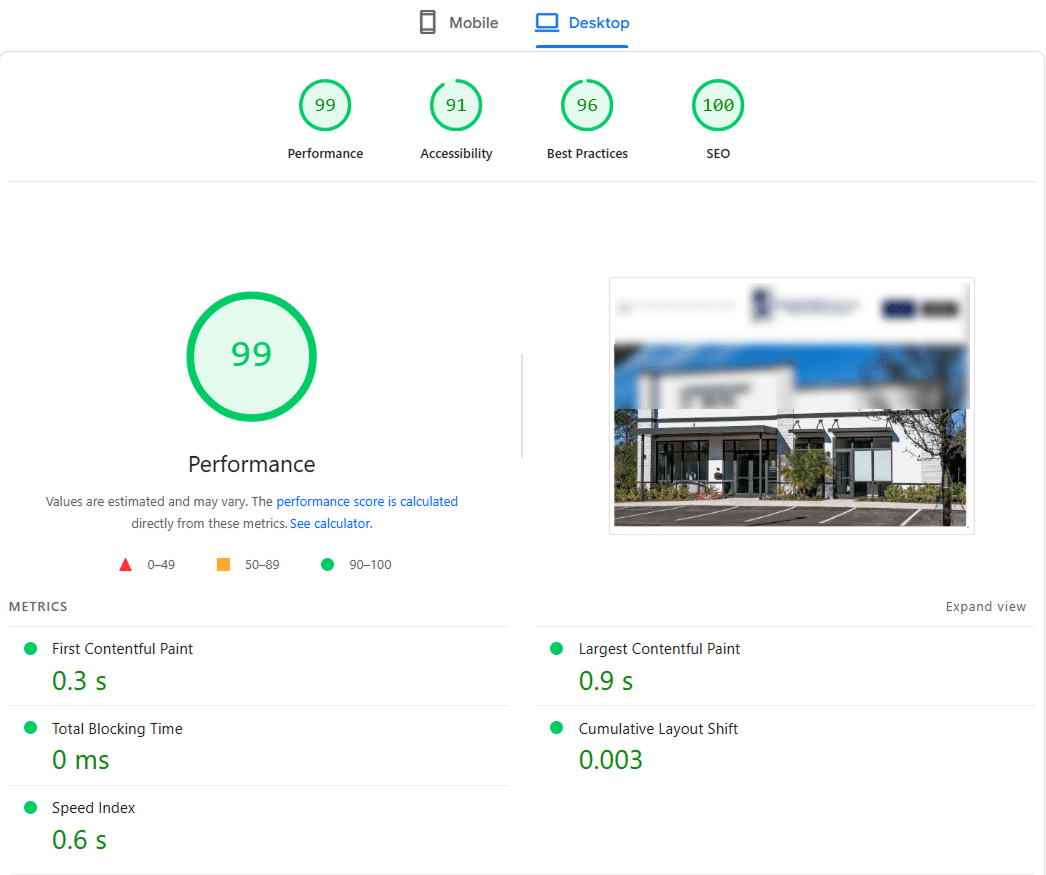 Google Lighthouse desktop audit screenshot showing a website with a 99 performance score, 91 accessibility, 96 best practices, and 100 SEO